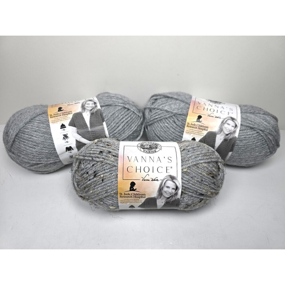 Lion Brand Yarn Skein Lot of 3 Grey Marble Tweed Vanna’s Choice 145 Yd NOS